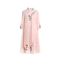 hangerfeng robe mélange de lin de coton brodé patte oblique cheongsam élément chinois jupe en forme de rose
