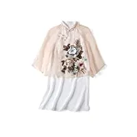hangerfeng chemises Élément chinois classique soie brodée robe tang long blouse rose