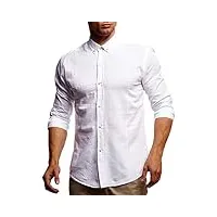 leif nelson ln3875 chemise à manches courtes d’été en lin et en coton pour homme, col montant, manches longues, coupe ajustée pour les loisirs, blanc., xl