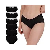 innersy culottes femmes coton stretch shorty en dentelle slip sexy noire lingerie lot de 6 (42, noir)