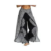 nuofengkudu femme split baggy yoga pantalon large jambe hippie imprimé motif ethnique leger mode taille haute pants ete plage decontracte casual (noir floral a,l/xl)