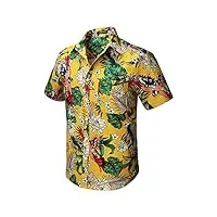 hisdern hommes funky hawaïenne floral oiseau chemises a manches courtes poche avant vacances ete aloha imprime plage casual jaune hawaii chemise l jaune