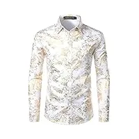 parklees chemise de luxe pour homme, imprimé élégant, coupe ajustée, boutonnée motif cachemire doré brillant, blanc/doré, xl