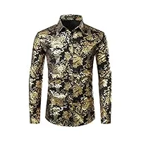 parklees chemise de luxe pour homme, imprimé élégant, coupe ajustée, boutonnée motif cachemire doré brillant, noir/doré, m