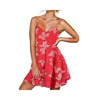fancyinn femmes col en v bretelles spaghetti robes dos nu sans manches robe florale à volants lâche swing robe décontractée imprimé floral blanc rouge xl
