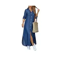 orandesigne robe Été femme de plage rétro denim robes col v casual tuniques ample chemise longue chemisier en jean maxi robe c bleu 36