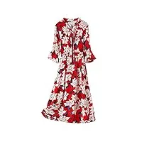 hangerfeng robe silk printing flare sleeve elastic high waist knee length red dress 2229l