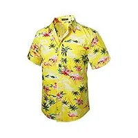 hisdern hommes funky hawaïenne flamingo chemises a manches courtes poche avant vacances ete aloha imprime plage casual jaune hawaii chemise,l,multicolore-jaune-1