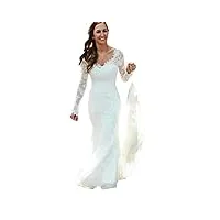 wzw robe de mariée sirène vintage en dentelle et manches longues en dentelle pour femme, blanc, 48