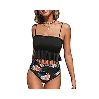 cupshe femme bikini smocké bandeau froncé et volanté imprimé floral taille haute maillots de bain 2 pièces noir xl