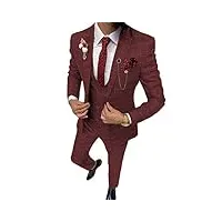 costume 3 pièces pour homme - blazer à carreaux - coupe ajustée - pour mariage et garçon d'honneur (blazer+gilet+pantalon), bordeaux, 48