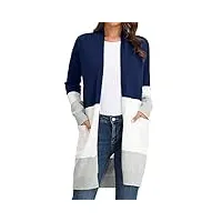 grace karin cardigan en tricot à manches longues ouvert pour femme - long et décontracté - avec poches,xxl,bleu marine/blanc/gris.