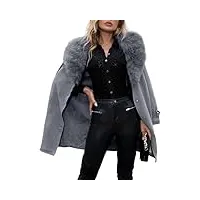 giolshon veste longue en cuir imitation daim pour femmes, vêtements d'hiver trench-coat à la mode ceinturé pour motard avec col en fourrure amovible ff20 gris xl