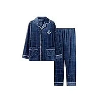 aiyifu ensemble fleece plaid pyjama hommes,hiver chaud molleton chemise nuit nuisette,cardigan revers nightie,bleu foncé,blue,m(50-60kg)