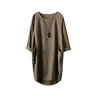 ftcayanz femme t-shirt robe lin coton manches longues midi-robe Élégante ample long tunique army green xxl