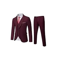 ynd ensemble de costume 3 pièces pour homme, coupe ajustée 2 boutons, blazer, veste, pantalon et cravate, bordeaux, s