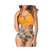 aoqussqoa femmes deux pièces tankini maillots de bain taille haute licou vintage bikini ensemble dames maillots de bain (sunflower yellow, l)