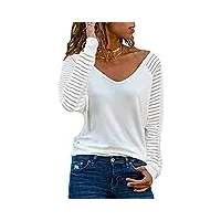 dokotoo femme t-shirt à manches longues rayures mesh pull casual col en v haut tops chemisier blanc medium