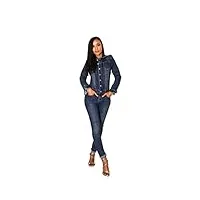 nina carter combinaison en jean pour femme coupe ajustée skinny effet usé stretch, bleu foncé (s387-3), m