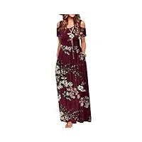 cherfly femme robe d'été casual longue Épaule dénudée manche courte avec poches (floral bordeaux rouge,m)