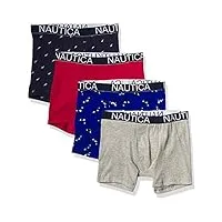 nautica men's cotton stretch 4 pack boxer brief, red/heather grey/orcas/sail print, large