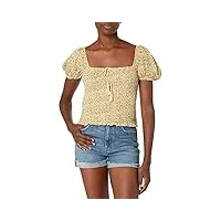 lucky brand short sleeve square neck printed smocked top blouse, ocre, xl femme