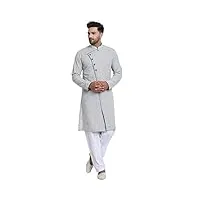 skavij tunique en coton hommes côté bouton kurta pyjama ensemble robe de mariée (large, gris)