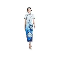 robe longue cheongsam 3277 en soie avec imprimé pivoine bleue - bleu - xxl/3xl