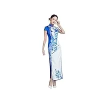 robe longue en soie bleu pivoine imprimée à l'encre d'eau cheongsam 3278 - bleu - s/m