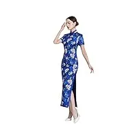 qipao 3276 robe longue en soie à imprimé floral bleu - bleu - l/xl
