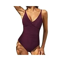 hilor women's one piece swimsuits ruched twist front swimwear tummy control slimming bathing suits monokini burgundy 6