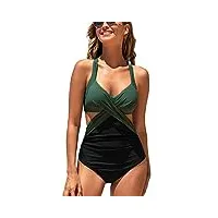 cupshe femm maillot de bain une pièce croisé en blocs wrap push up rassemblement ventre coupé bikini vert/noir m