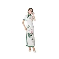hangerfeng qipao 3309 cheongsams robe chinoise traditionnelle en soie motif fleurs et oiseaux - blanc - s/m