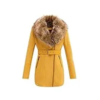 giolshon veste longue en cuir imitation daim pour femmes, vêtements d'hiver manteau à la mode avec col en fourrure amovible 7922 jaune xxl