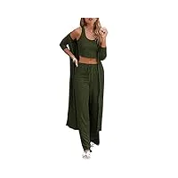 fessceruna ensemble de pyjama 3 pièces pour femme - automne et hiver - haut court - pantalon ample - cardigan, a-army green, l