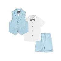 ensemble de costume pour enfants 4 pièces, costume de mariage d'été pour garçons, chemise à manches courtes, nœud papillon, gilet, short, bleu, 130