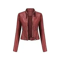 yffushi veste en cuir faux pour femme à col montant courte et à manches longues avec fermeture Éclair - style moto biker rouge m
