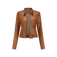 yffushi veste en cuir faux pour femme à col montant courte et à manches longues avec fermeture Éclair - style moto biker chameau s
