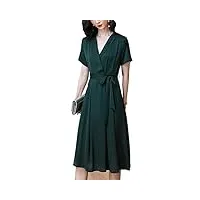 dissa robe en soie femme robe une ligne nouée à la taille robe soie couleur solide revers manches courtes robe soie au genou,vert,xxl,d2321