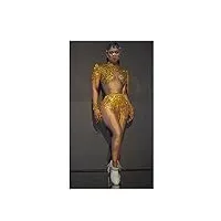 sequins tassel nude spandex body à manches longues fringe costume sexy nightclub bar dj singer dancer show scène usure-or_m