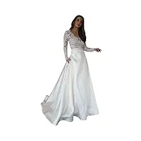 snow lotus robe de mariée en satin à manches longues avec col en v et poches pour femme, blanc, 48
