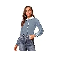 allegra k femme piping boutonné chemise contraste pan doll collier buttons manches longues manchette top blouse bleu gris s
