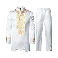 lucmatton – tenue 2 pièces pour homme, tunique traditionnelle à motif doré et pantalon, costume ethnique, blanc/doré, large