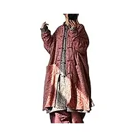 nfym manteau long coupe-vent ample boutonné en coton et lin pour femme imprimé vintage rétro avec poches, rouge, taille unique