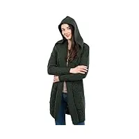 saol cardigan long 100% laine mérinos irlandaise avec capuche pour femme coupe classique, vert militaire, xx-large