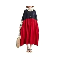 versear robe longue vintage et décontractée pour femme - en coton et lin - col rond - manches courtes - avec poches, style one, taille unique