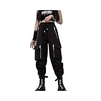meinvqiaoti pantalon cargo noir pour femme, pantalon de chaîne lâche, pantalon gothique punk avec plusieurs poches à fermeture éclair multiple, noir , l