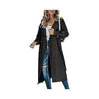 manteau long et décontracté pour femme avec ceinture - couleur unie - col à revers à double boutonnage - coupe-vent - pour printemps et automne - s-2xl, noir , m