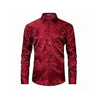hisdern hommes rouge floral paisley satin chemise a manches longues decontracte mode formelle chemises habillees boutons en soie coupe reguliere ceremonie de fete de mariage