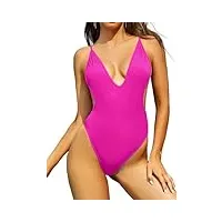shekini femme maillot de bain une pièce profond col en v réglables bretelles amincissant swimsuit brésilien string monokini(l,rose fluorescent k)